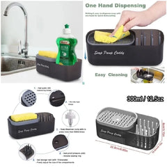 2-in-1 Kitchen Soap Dispenser with Sponge Holder, Manual Press Liquid Soap Pump, 13oz Refillable Dish Soap Dispenser for Kitchen Sink