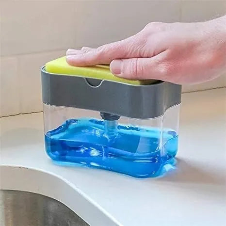 2-in-1 Kitchen Soap Dispenser with Sponge Holder, Manual Press Liquid Soap Pump, 13oz Refillable Dish Soap Dispenser for Kitchen Sink