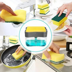 2-in-1 Kitchen Soap Dispenser with Sponge Holder, Manual Press Liquid Soap Pump, 13oz Refillable Dish Soap Dispenser for Kitchen Sink