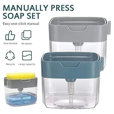 2-in-1 Kitchen Soap Dispenser with Sponge Holder, Manual Press Liquid Soap Pump, 13oz Refillable Dish Soap Dispenser for Kitchen Sink